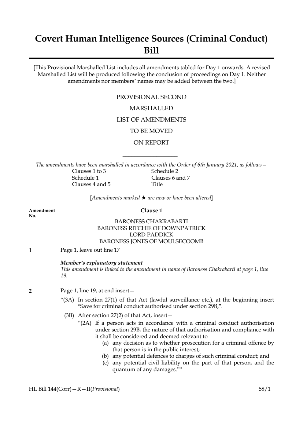 Covert Human Intelligence Sources (Criminal Conduct) Bill Provisional Second Marshalled List of amendments to be moved on report