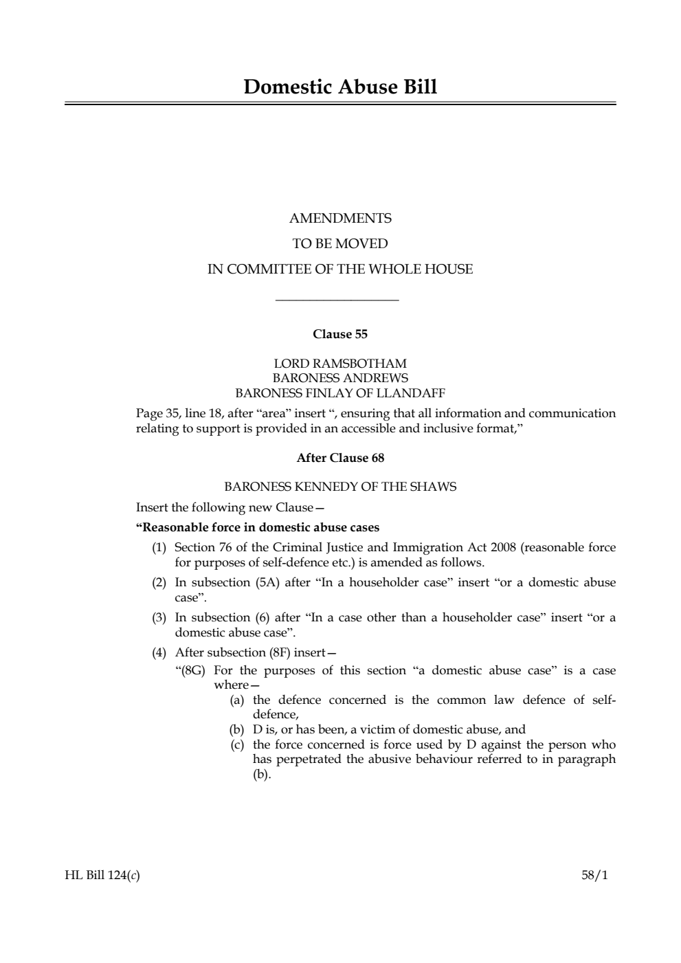 Domestic Abuse Bill Amendments to be moved in Committee of the Whole House