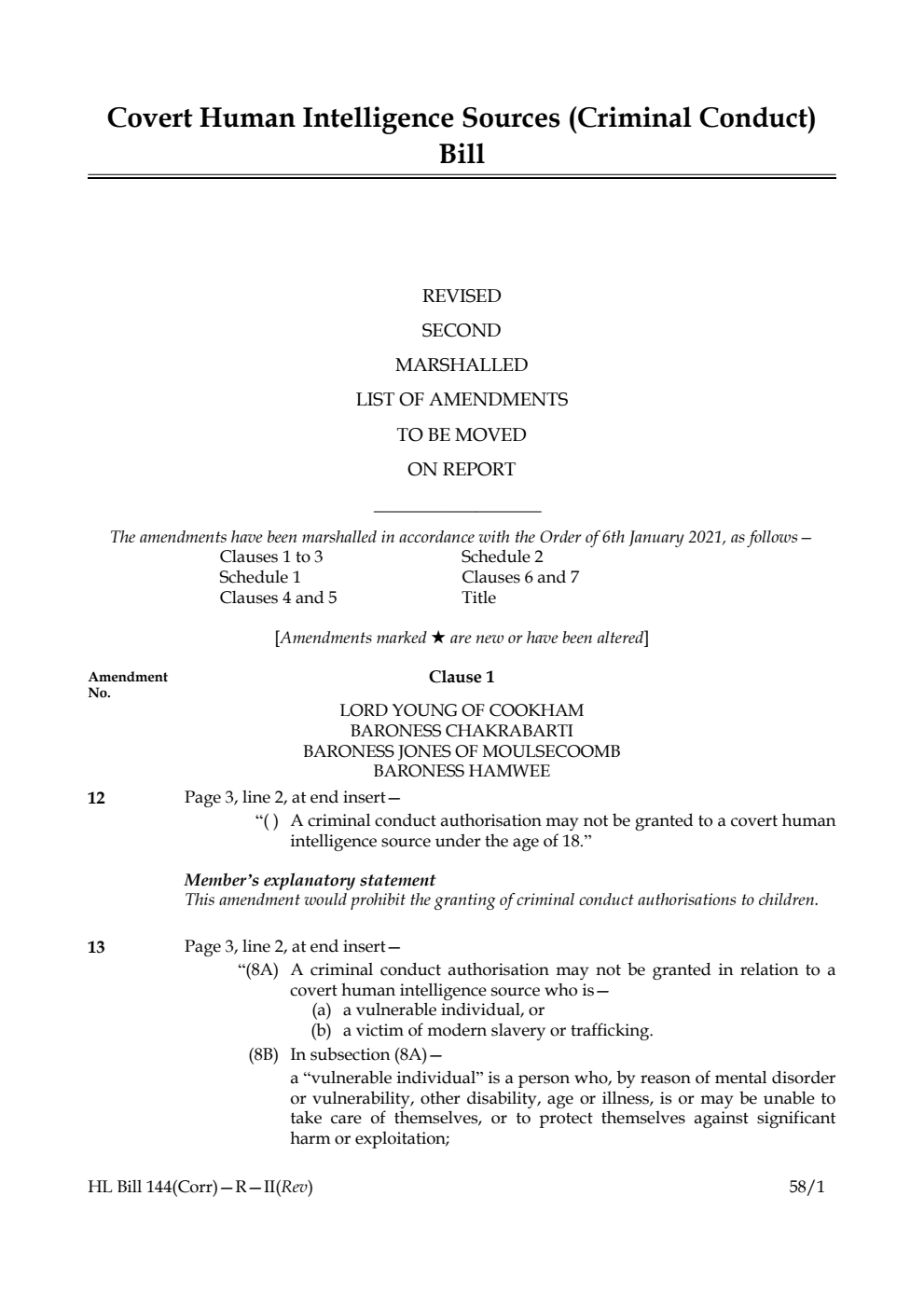 Covert Human Intelligence Sources (Criminal Conduct) Bill Revised Second Marshalled List of amendments to be moved on report