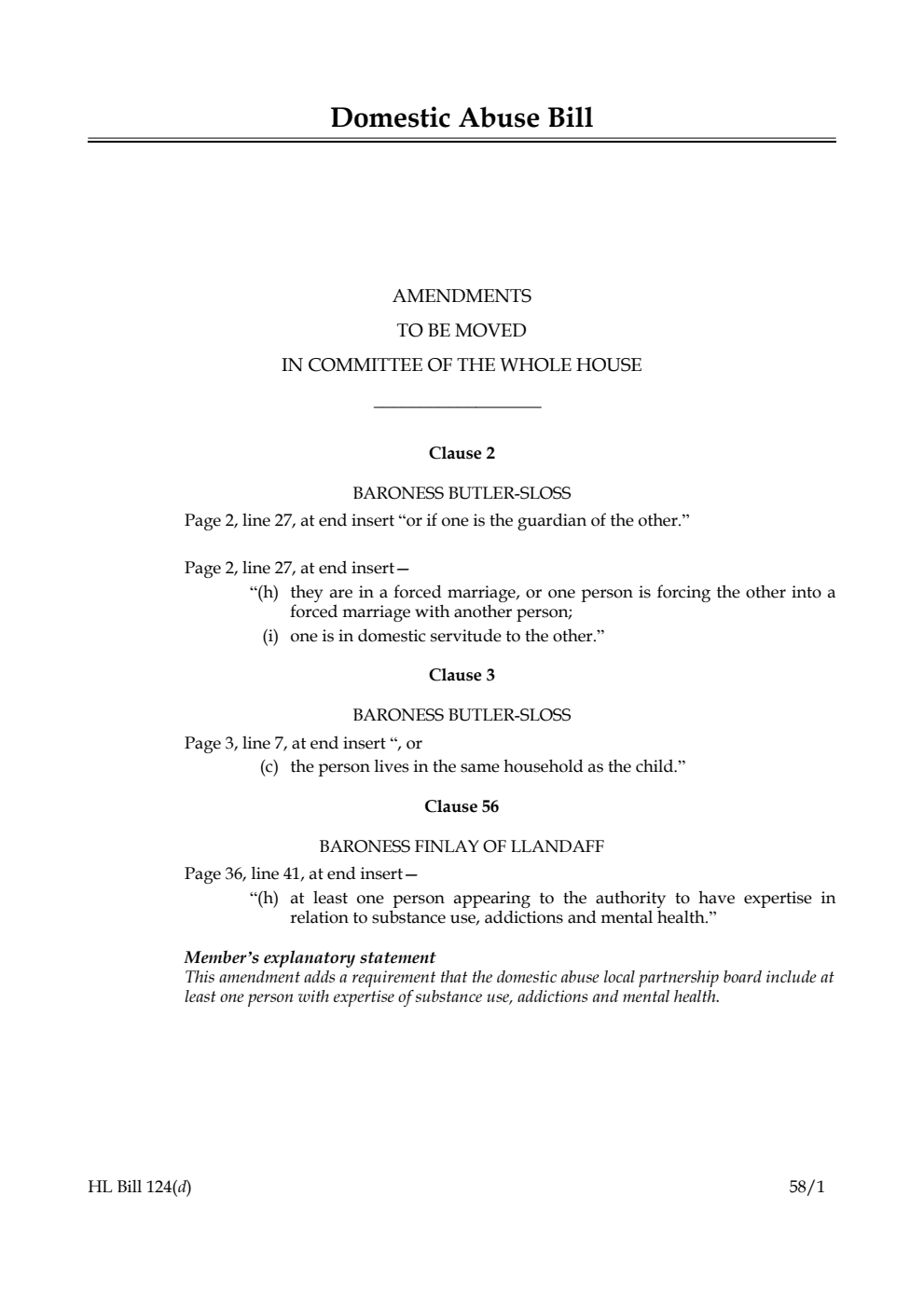 Domestic Abuse Bill Amendments to be moved in Committee of the Whole House