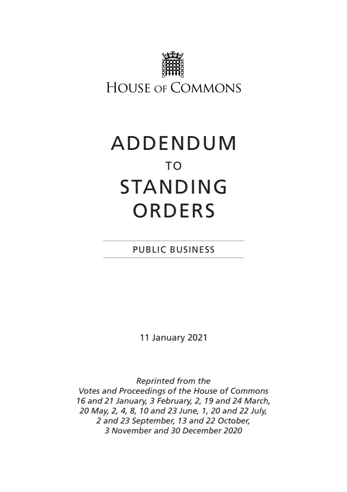 Addendum to the Standing Orders of the House of Commons Relating to Public Business 2020, January 2021