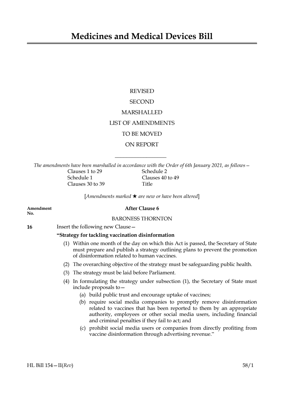 Medicines and Medical Devices Bill Revised Second Marshalled List of amendments to be moved on report