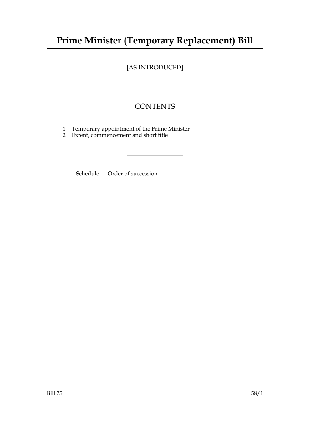 Prime Minister (Temporary Replacement) Bill