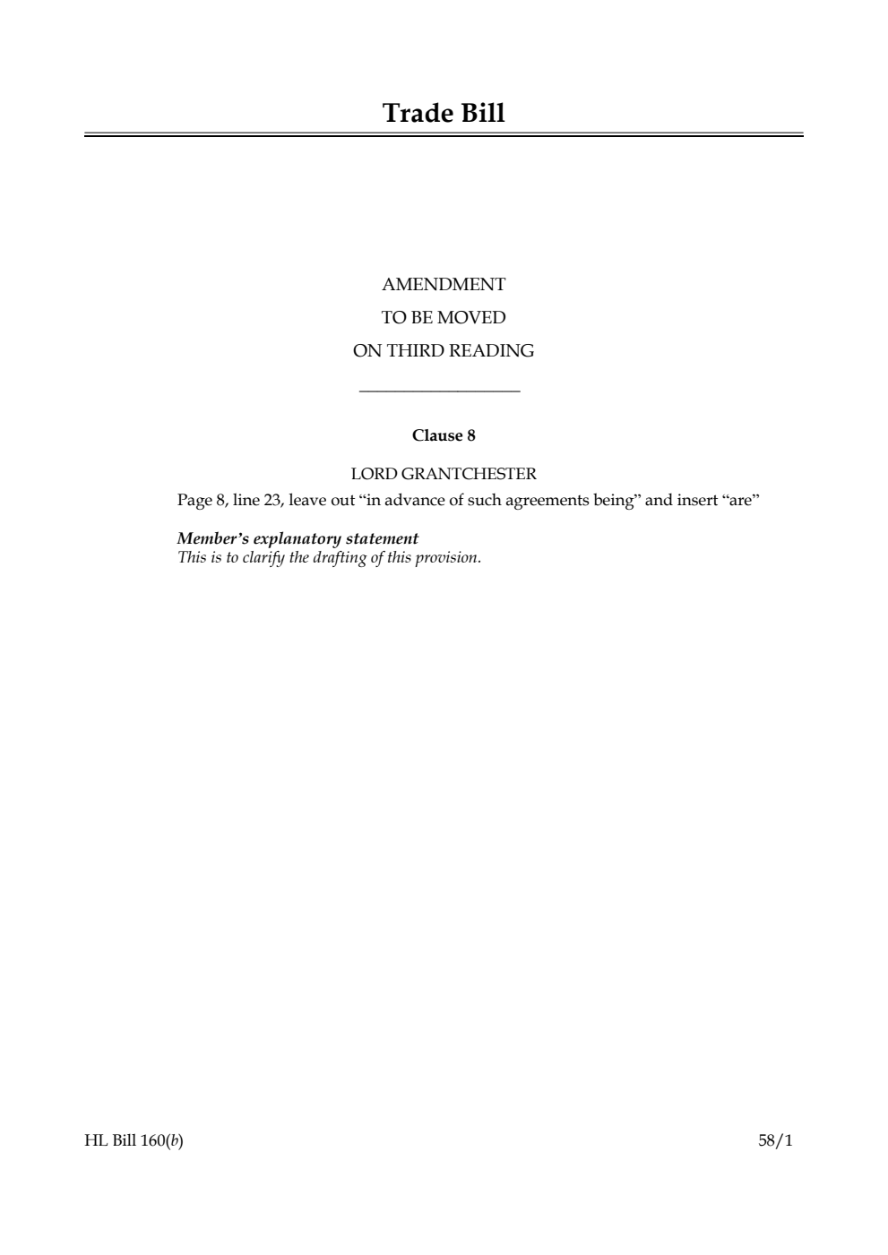 Trade Bill Amendment to be moved on third reading