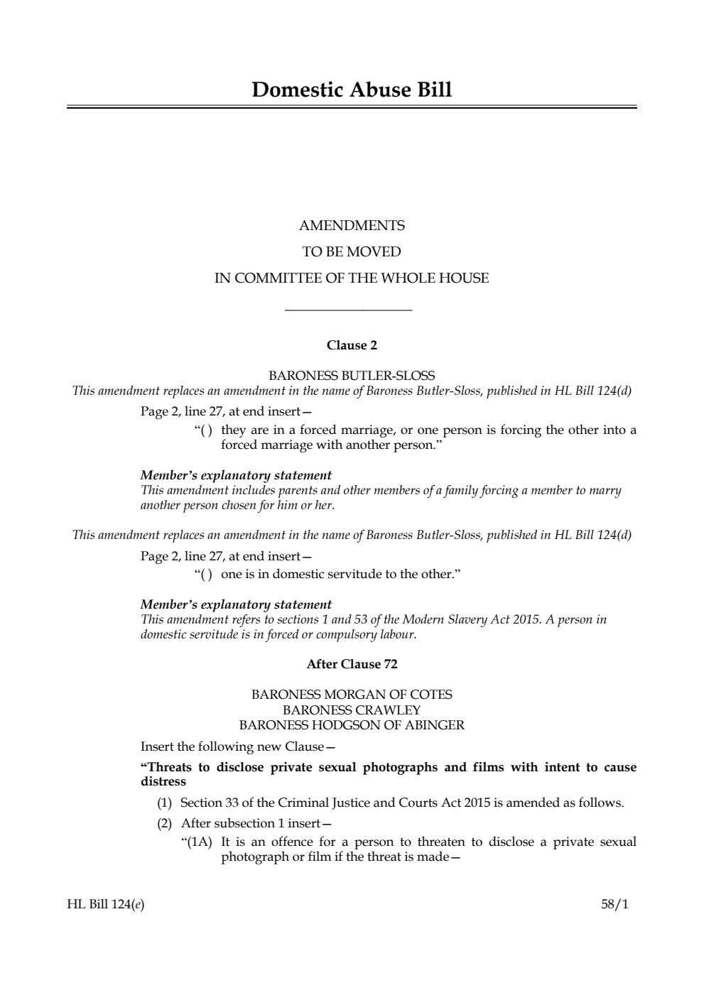 Domestic Abuse Bill Amendments to be moved in Committee of the Whole House