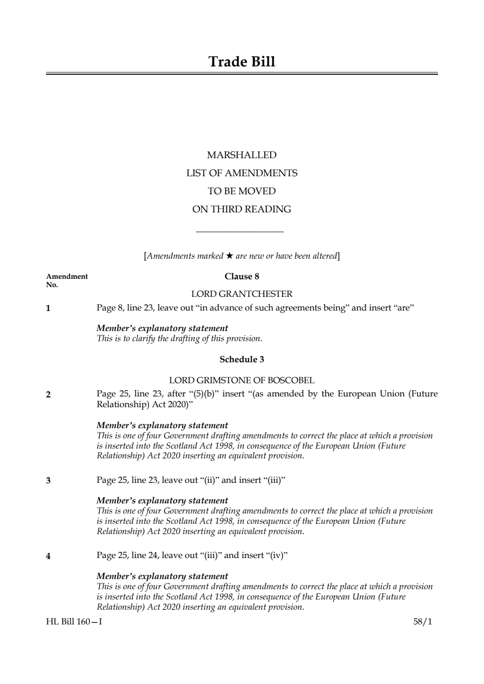Trade Bill Marshalled List of amendments to be moved on third reading