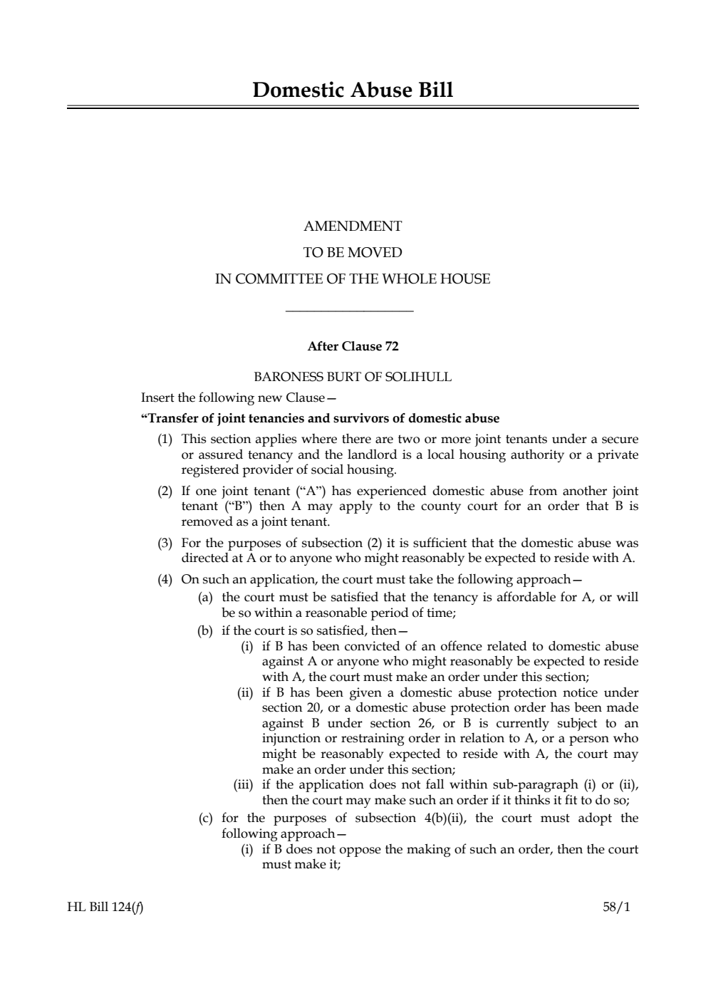 Domestic Abuse Bill Amendment to be moved in Committee of the Whole House