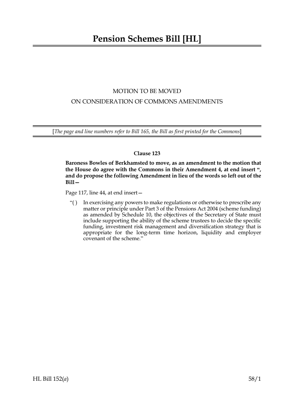 Pension Schemes Bill Motion to be moved on Consideration of Commons amendments