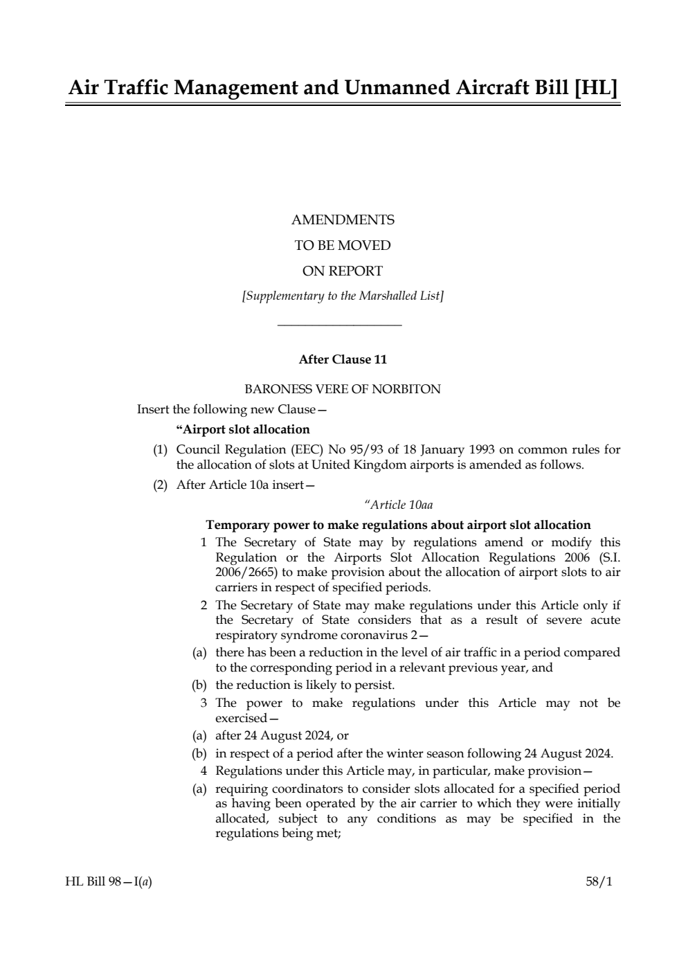 Air Traffic Management and Unmanned Aircraft Bill Amendments to be moved on Report