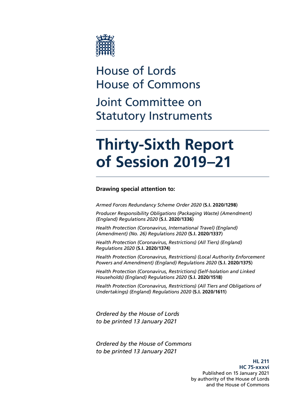 Joint Committee on Statutory Instruments 36th Report of Session 2019-21