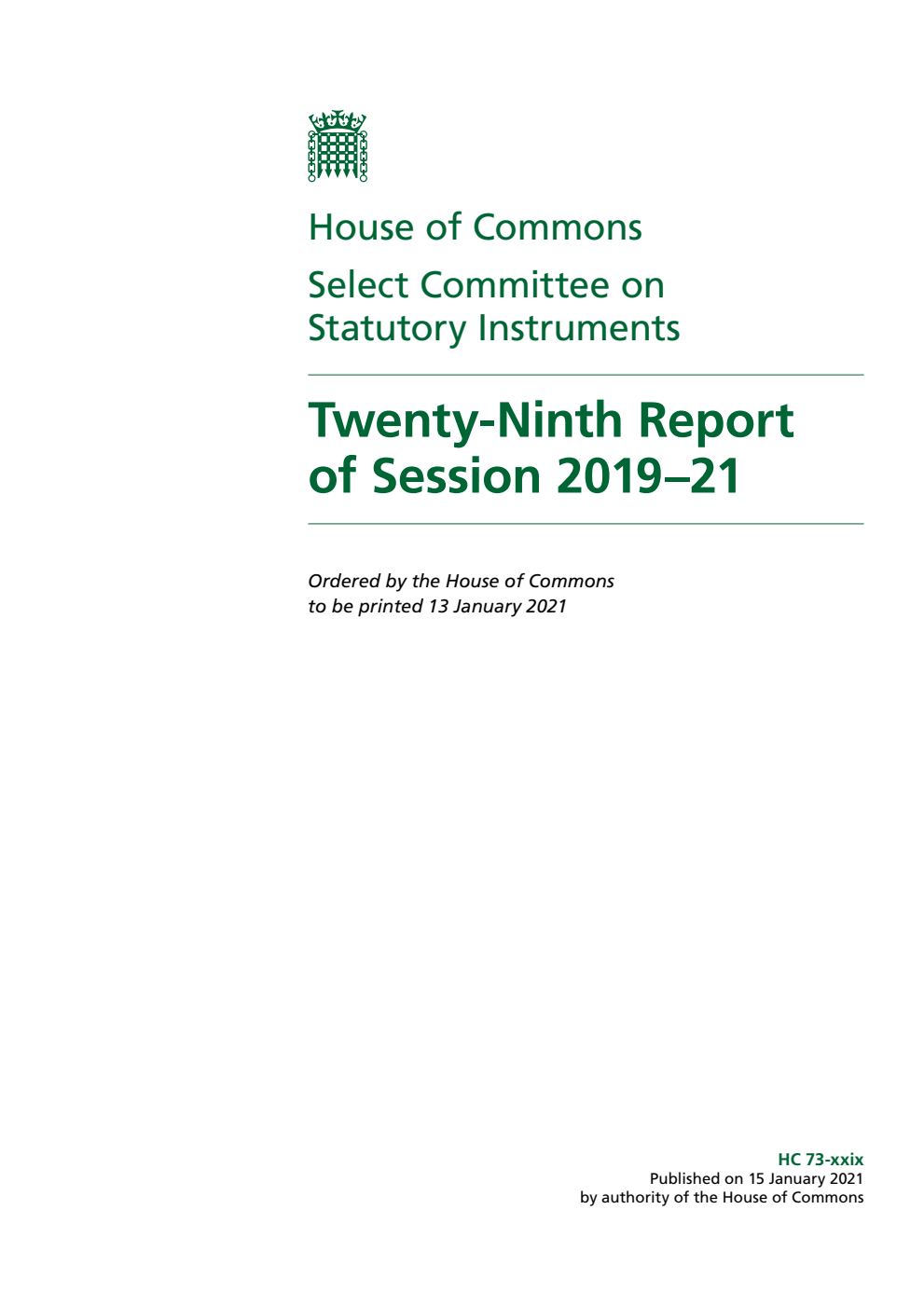 Statutory Instruments Committee 29th Report of Session 2019–21