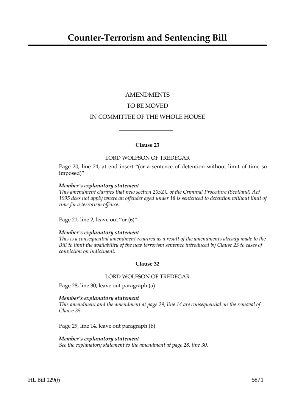 Counter-Terrorism and Sentencing Bill Amendments to be moved in Committee of the Whole House