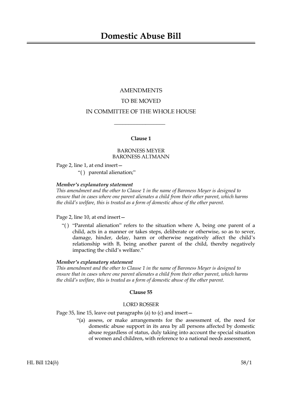 Domestic Abuse Bill Amendments to be moved in Committee of the Whole House