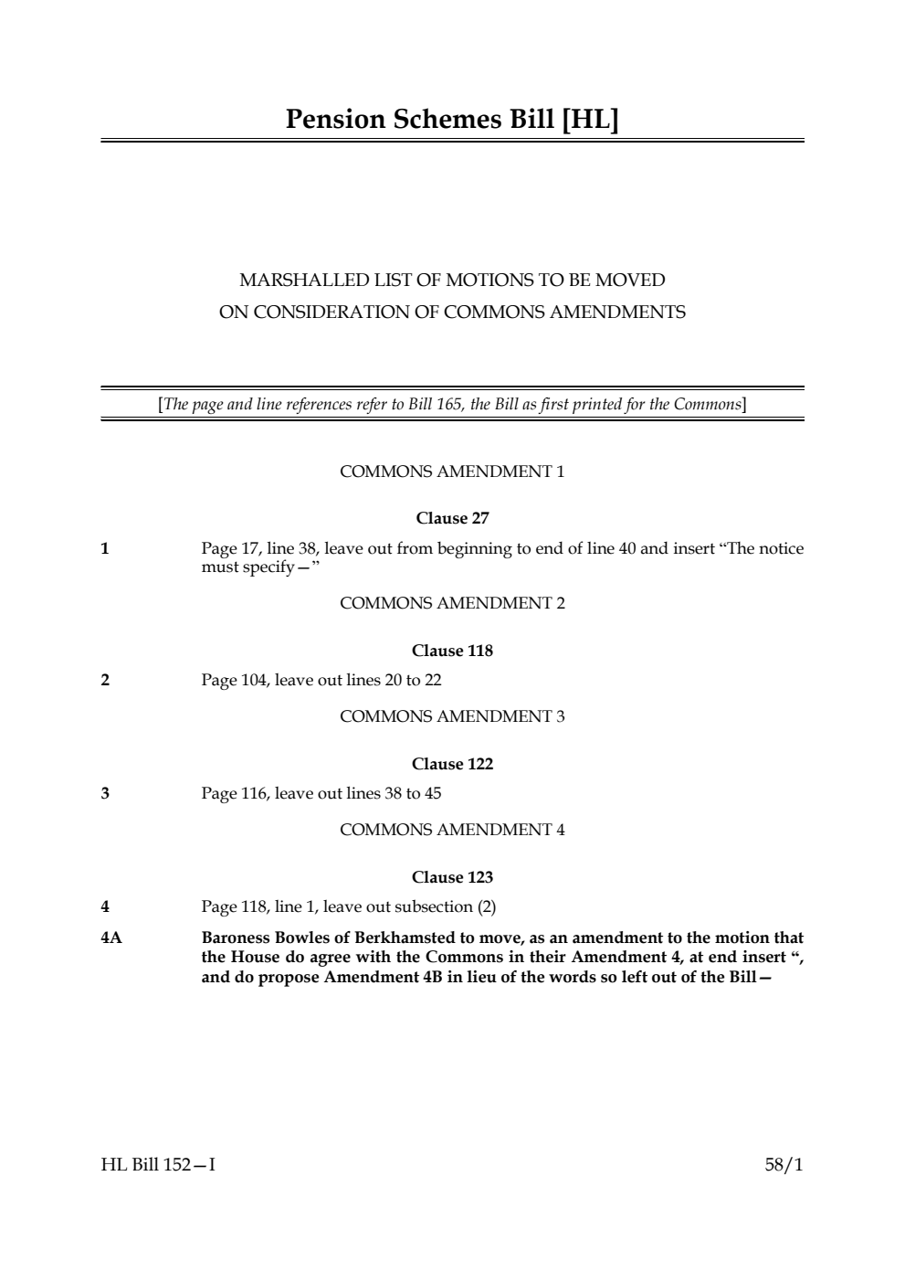 Pension Schemes Bill Marshalled List of motions to be moved on consideration of Commons amendments