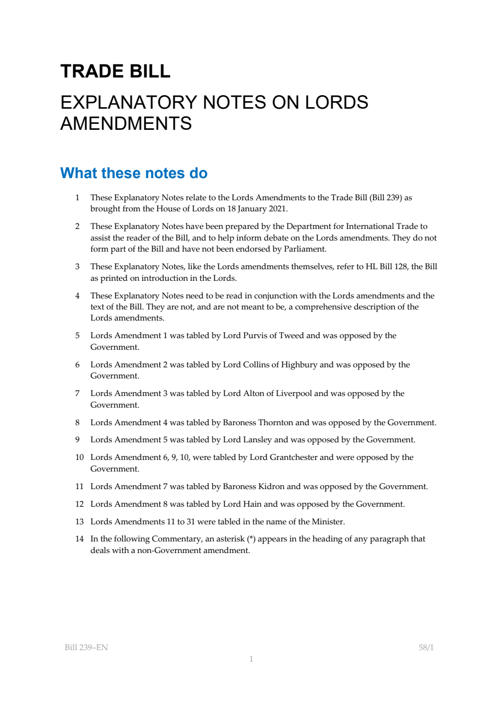 Trade Bill Explanatory Notes on Lords Amendments