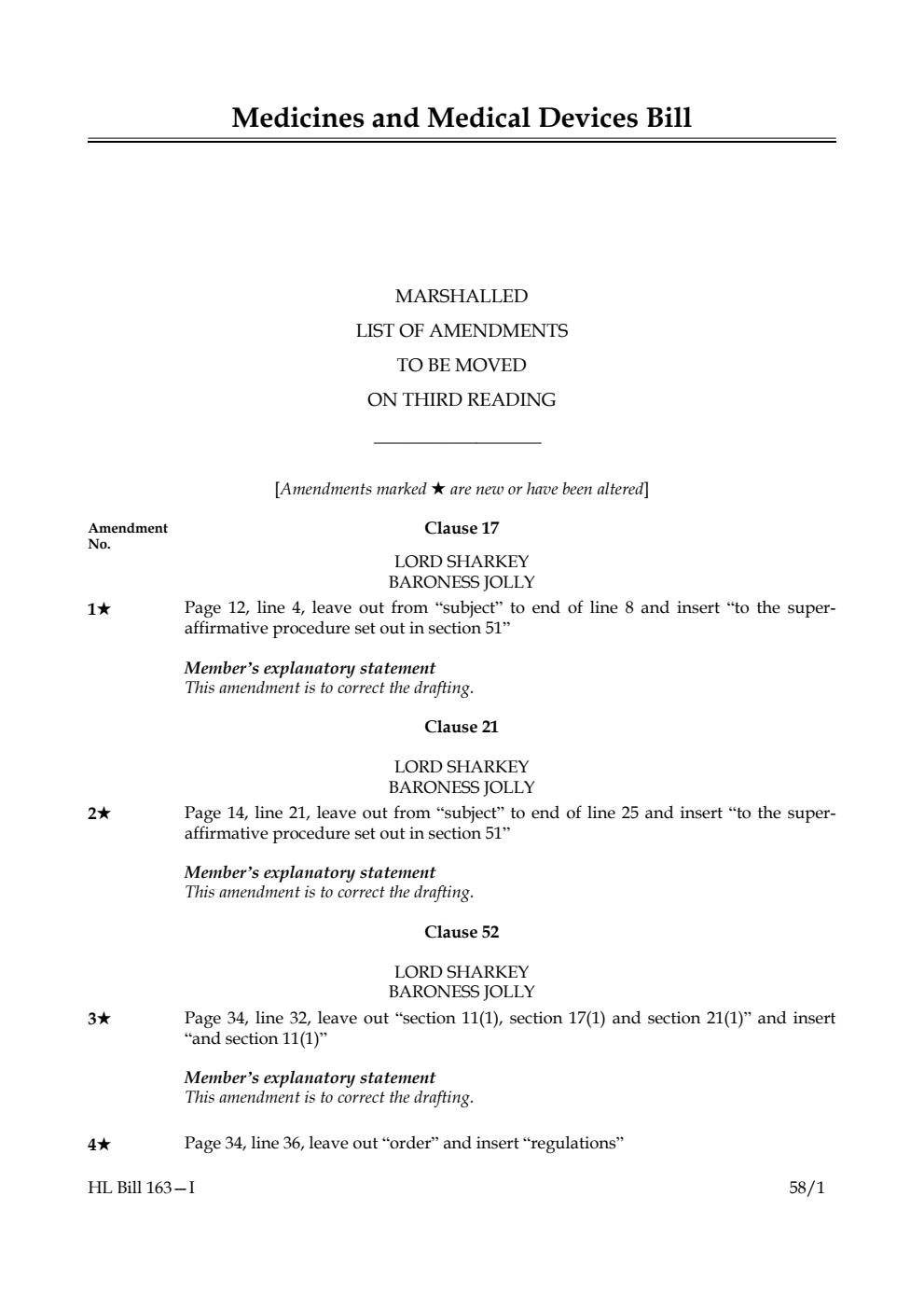 Medicines and Medical Devices Bill Marshalled List of amendments to be moved on third reading