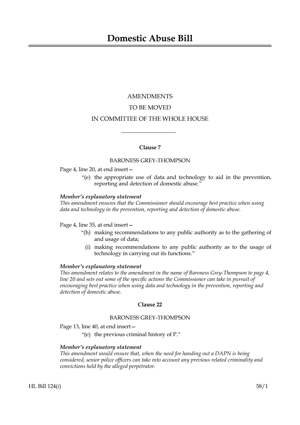 Domestic Abuse Bill Amendments to be moved in Committee of the Whole House