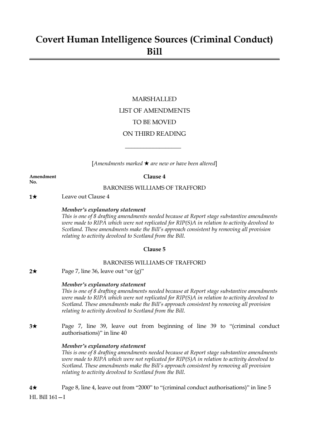 Covert Human Intelligence Sources (Criminal Conduct) Bill Marshalled List of amendments to be moved on third reading