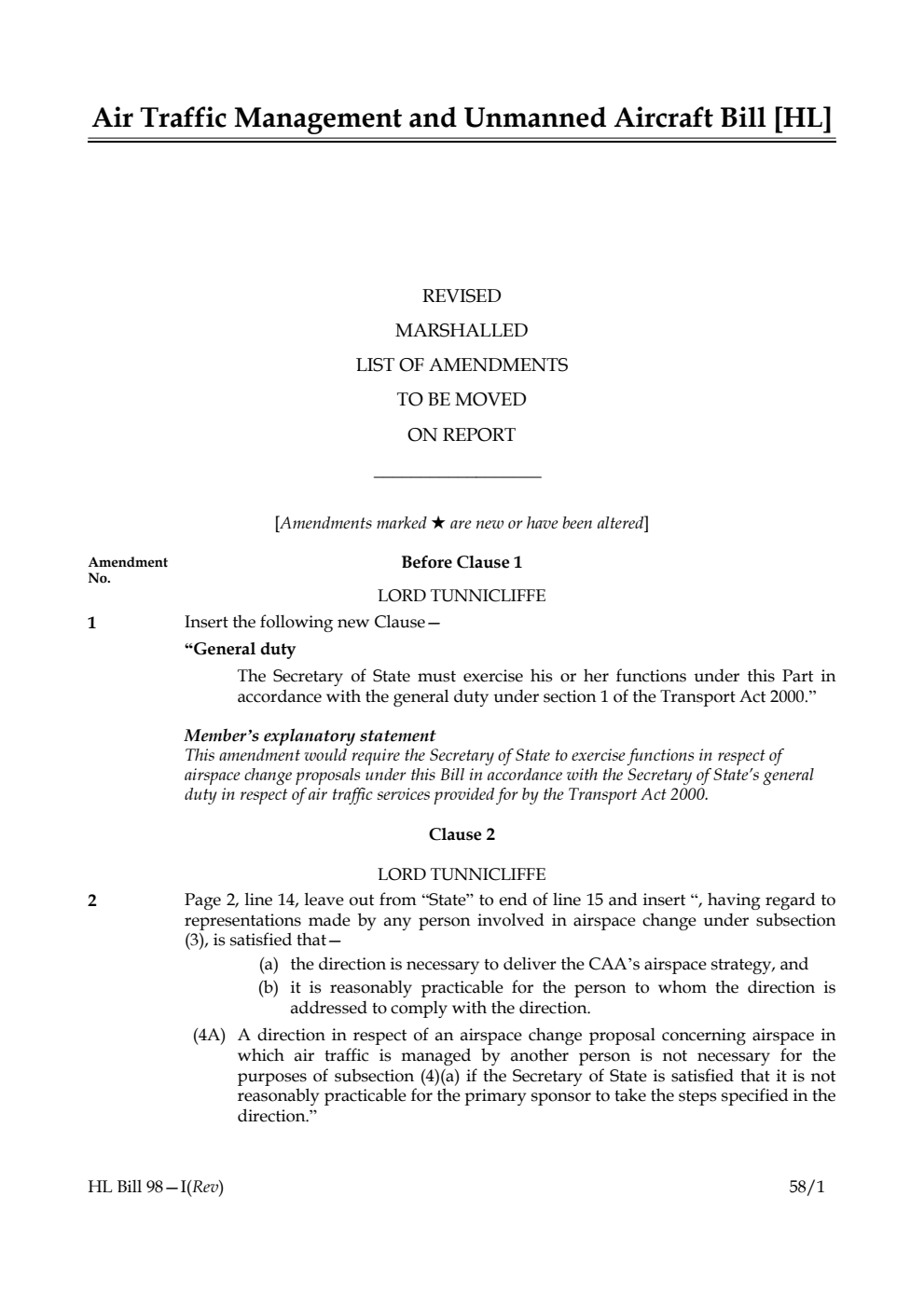 Air Traffic Management and Unmanned Aircraft Bill Revised Marshalled List of amendments to be moved on report