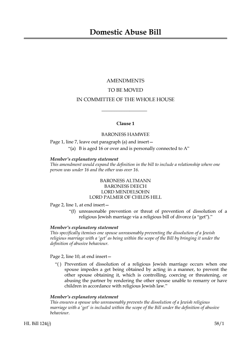 Domestic Abuse Bill Amendments to be moved in Committee of the Whole House