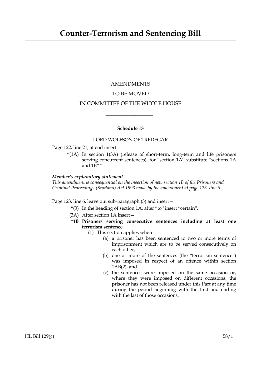 Counter-Terrorism and Sentencing Bill Amendments to be moved in Committee of the Whole House