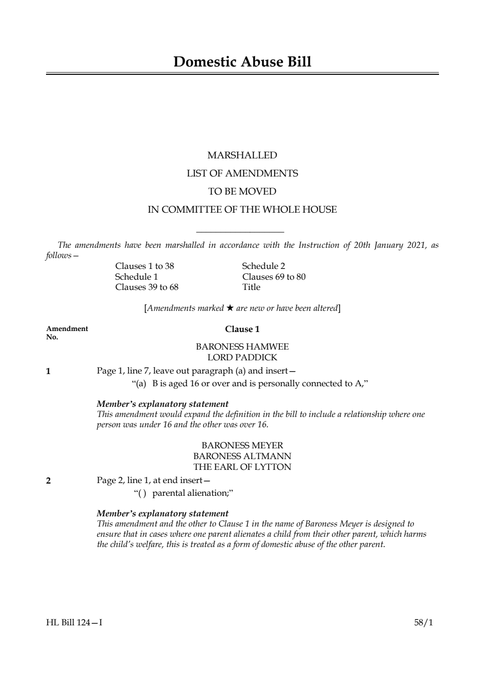 Domestic Abuse Bill Marshalled List of Amendments to be moved in Committee of the Whole House
