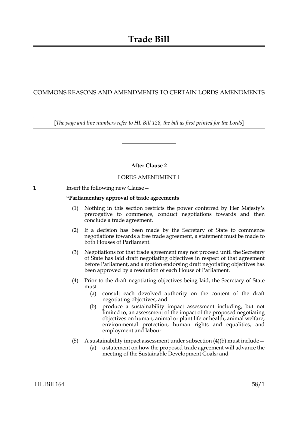 Trade Bill Commons reasons and amendments to certain Lords amendments