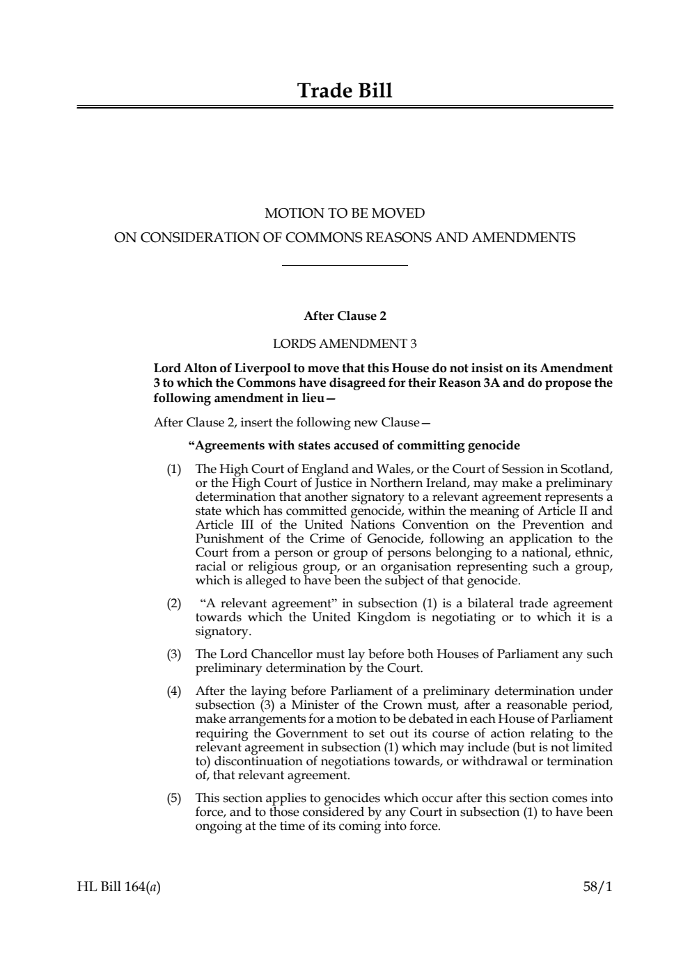 Trade Bill Motion to be moved on Consideration of Commons reasons and amendments