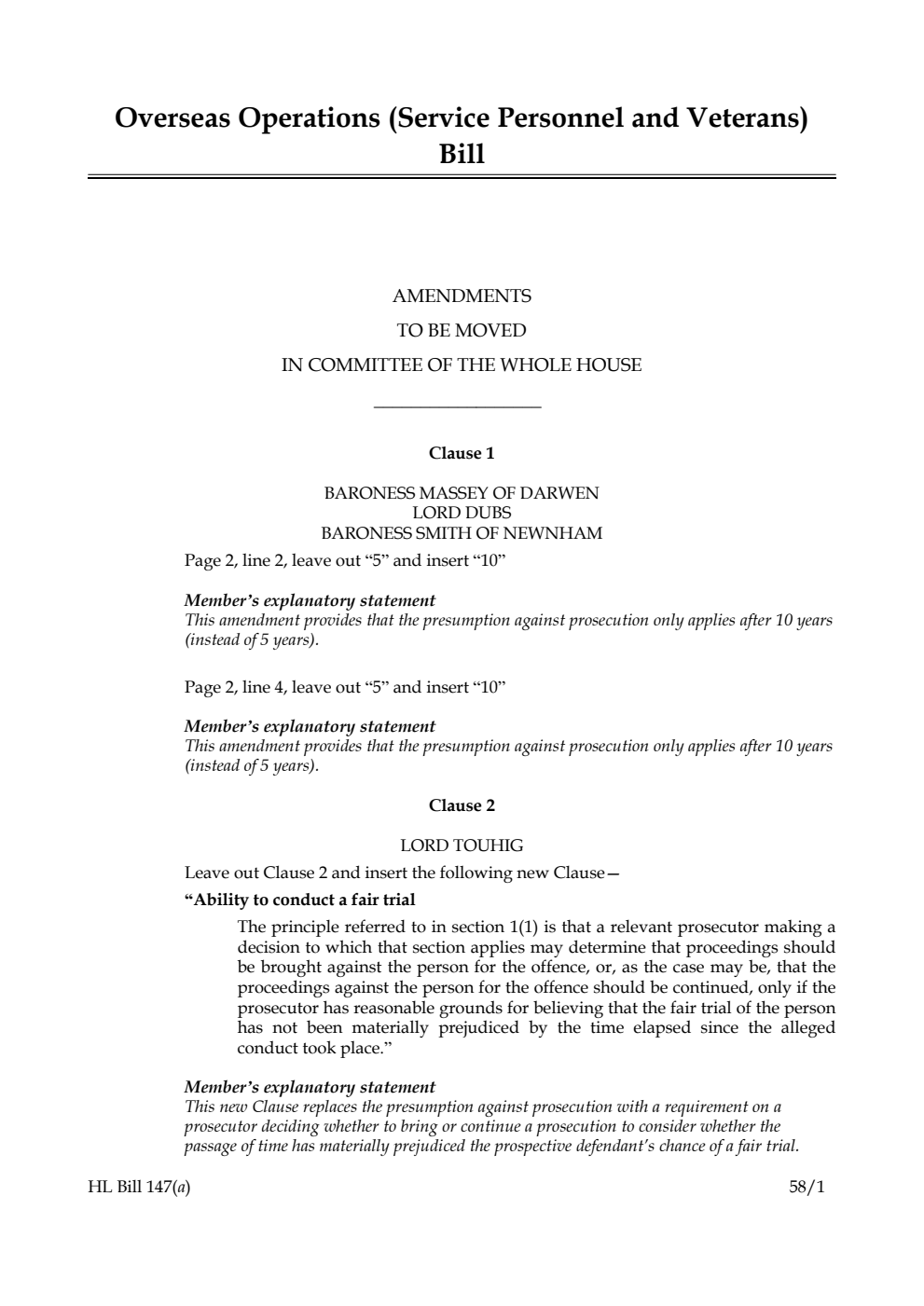 Overseas Operations (Service Personnel and Veterans) Bill Amendments to be moved in Committee of the Whole House