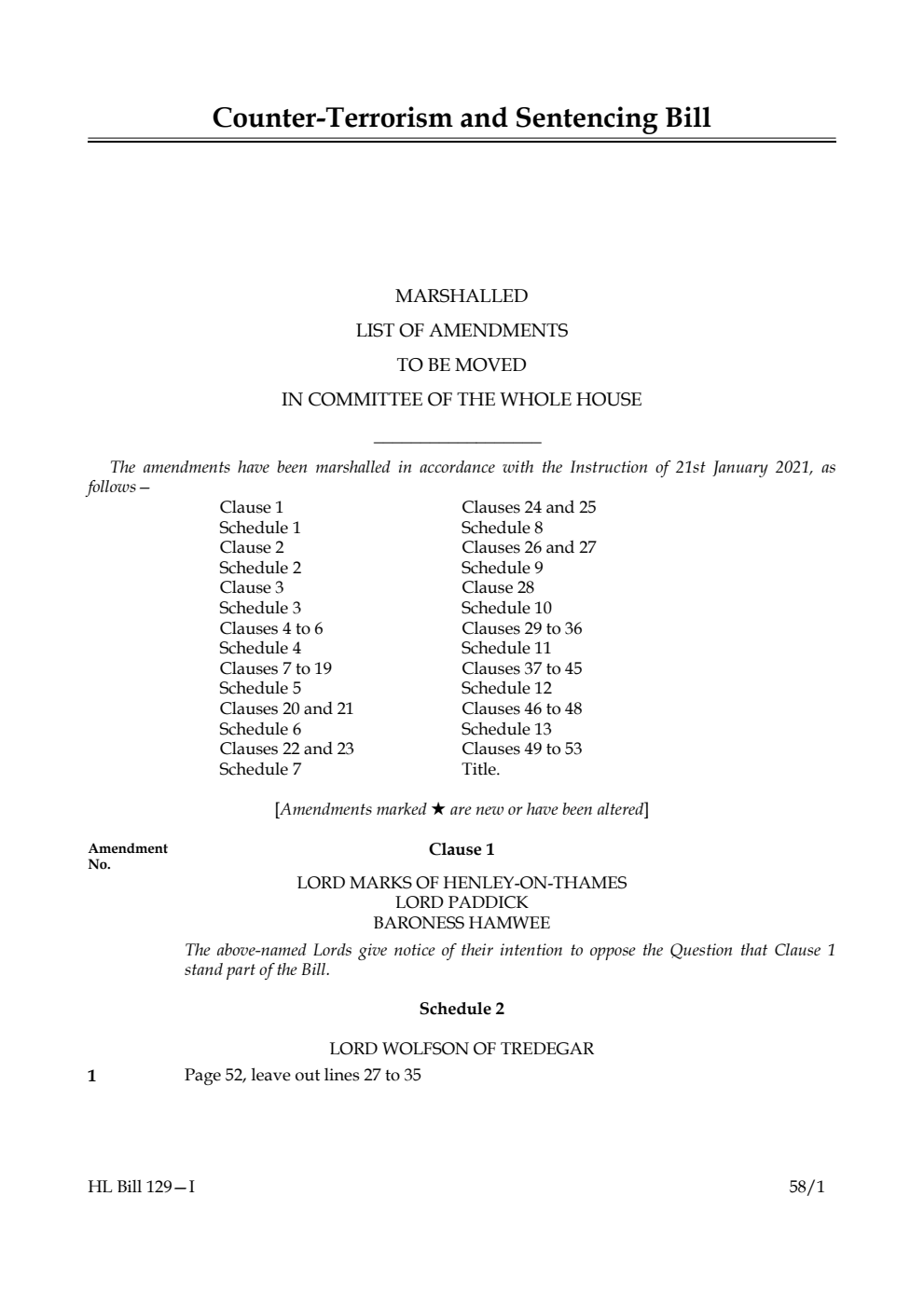 Counter-Terrorism and Sentencing Bill Marshalled List of Amendments to be moved in Committee of the Whole House