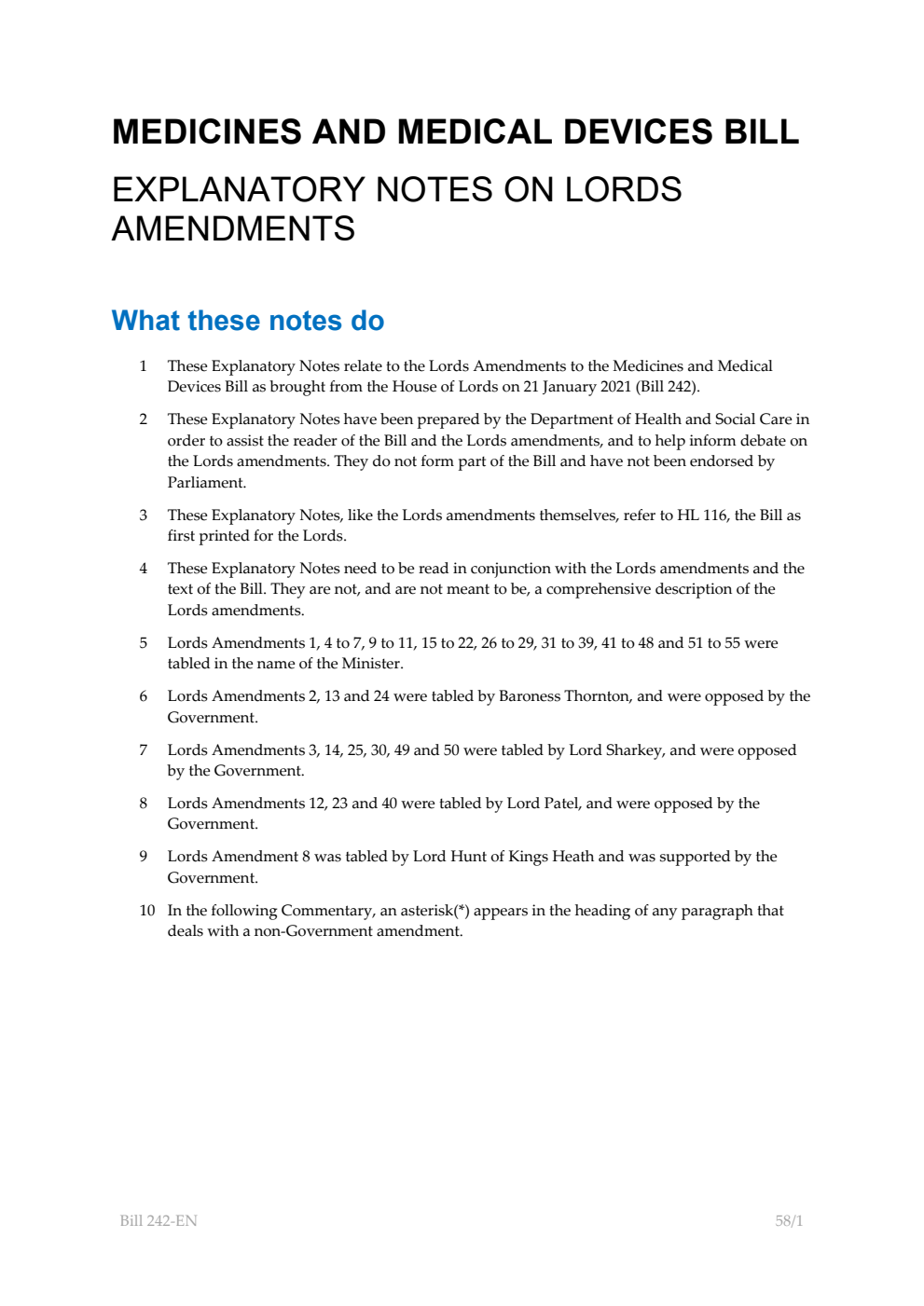 Medicines and Medical Devices Bill Explanatory Notes on Lords Amendments