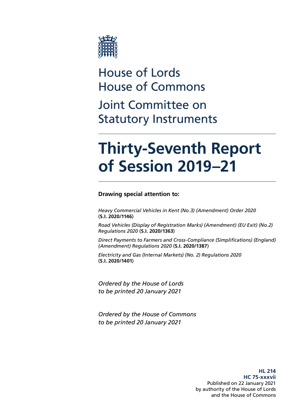 Joint Committee on Statutory Instruments 37th Report of Session 2019-21