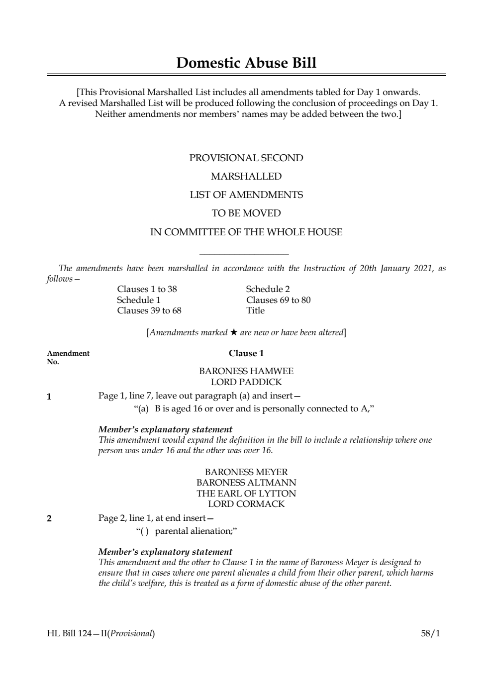 Domestic Abuse Bill Provisional Second Marshalled List of Amendments to be moved in Committee of the Whole House