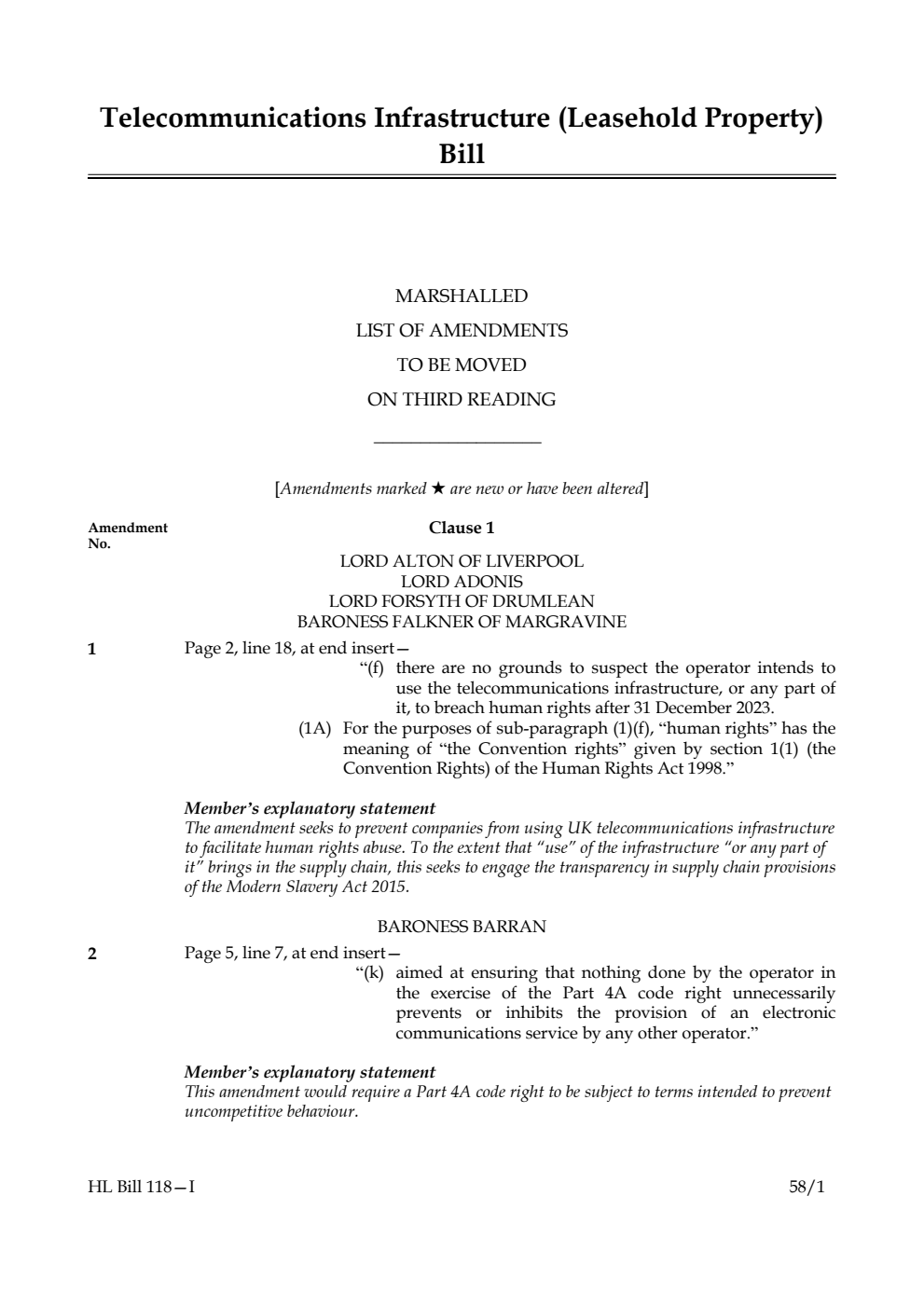 Telecommunications Infrastructure (Leasehold Property) Bill Marshalled List of amendments to be moved on third reading