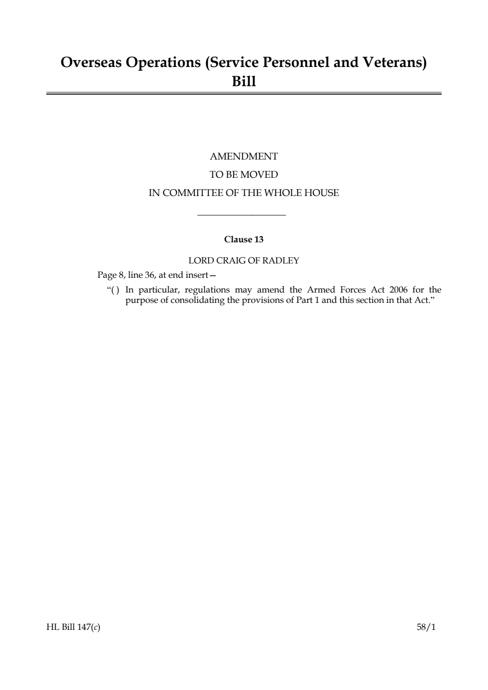 Overseas Operations (Service Personnel and Veterans) Bill Amendment to be moved in Committee of the Whole House