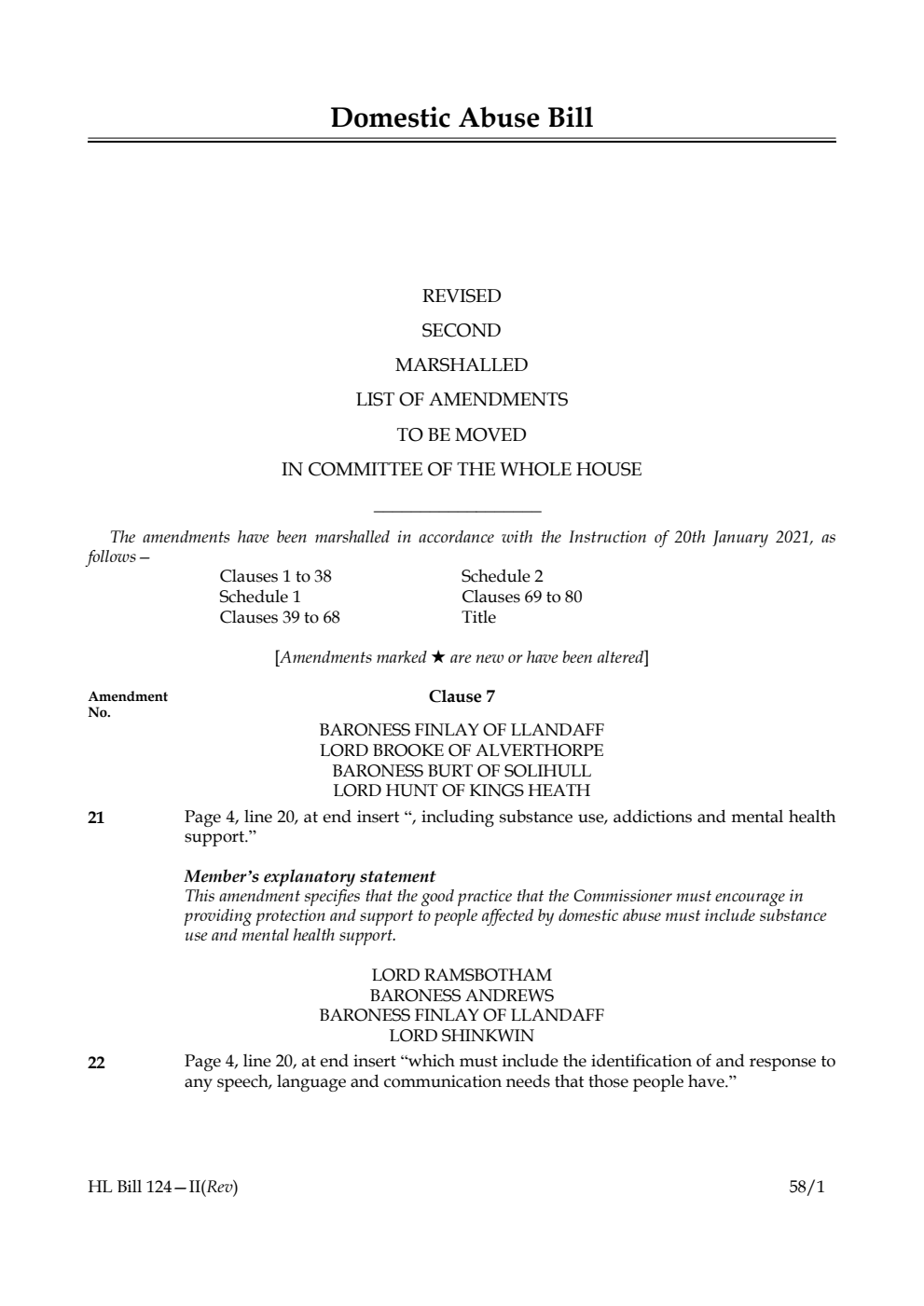 Domestic Abuse Bill Revised Second Marshalled List of Amendments to be moved in Committee of the Whole House