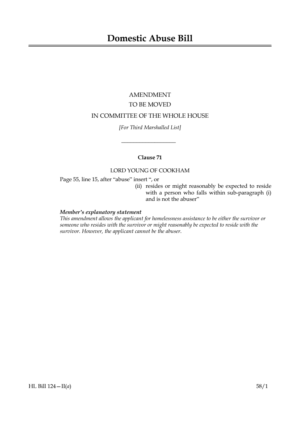 Domestic Abuse Bill Amendment to be moved in Committee of the Whole House