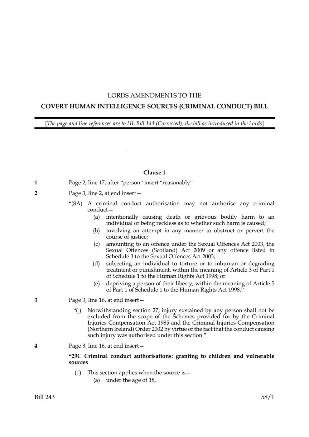 Lords Amendments to the Covert Human Intelligence Sources (Criminal Conduct) Bill