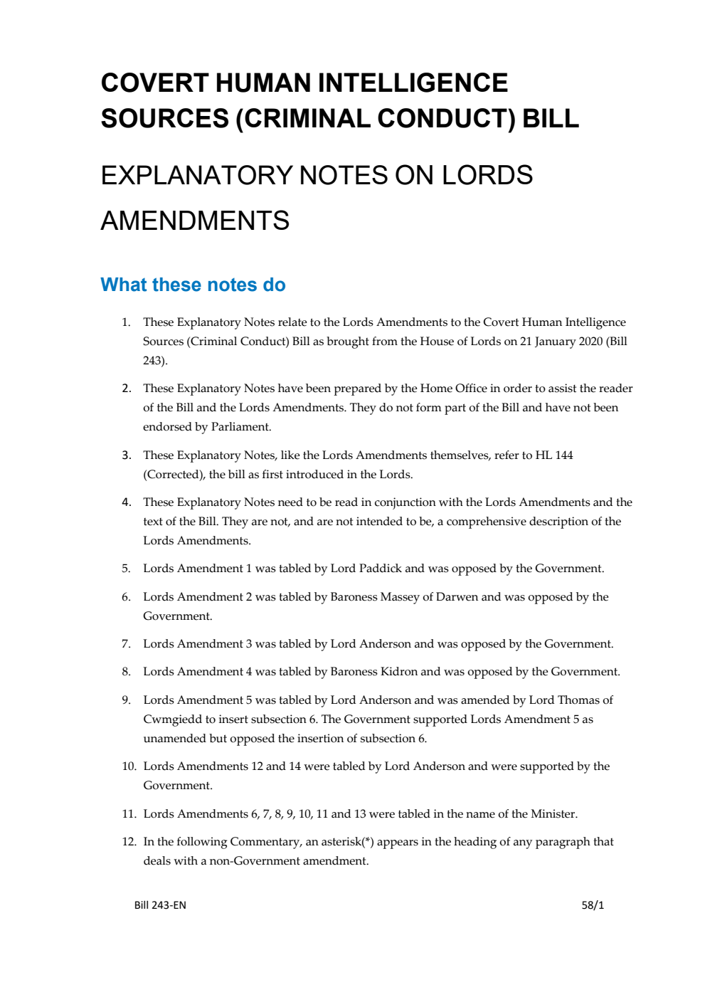 Covert Human Intelligence Sources (Criminal Conduct) Bill Explanatory Notes on Lords Amendments