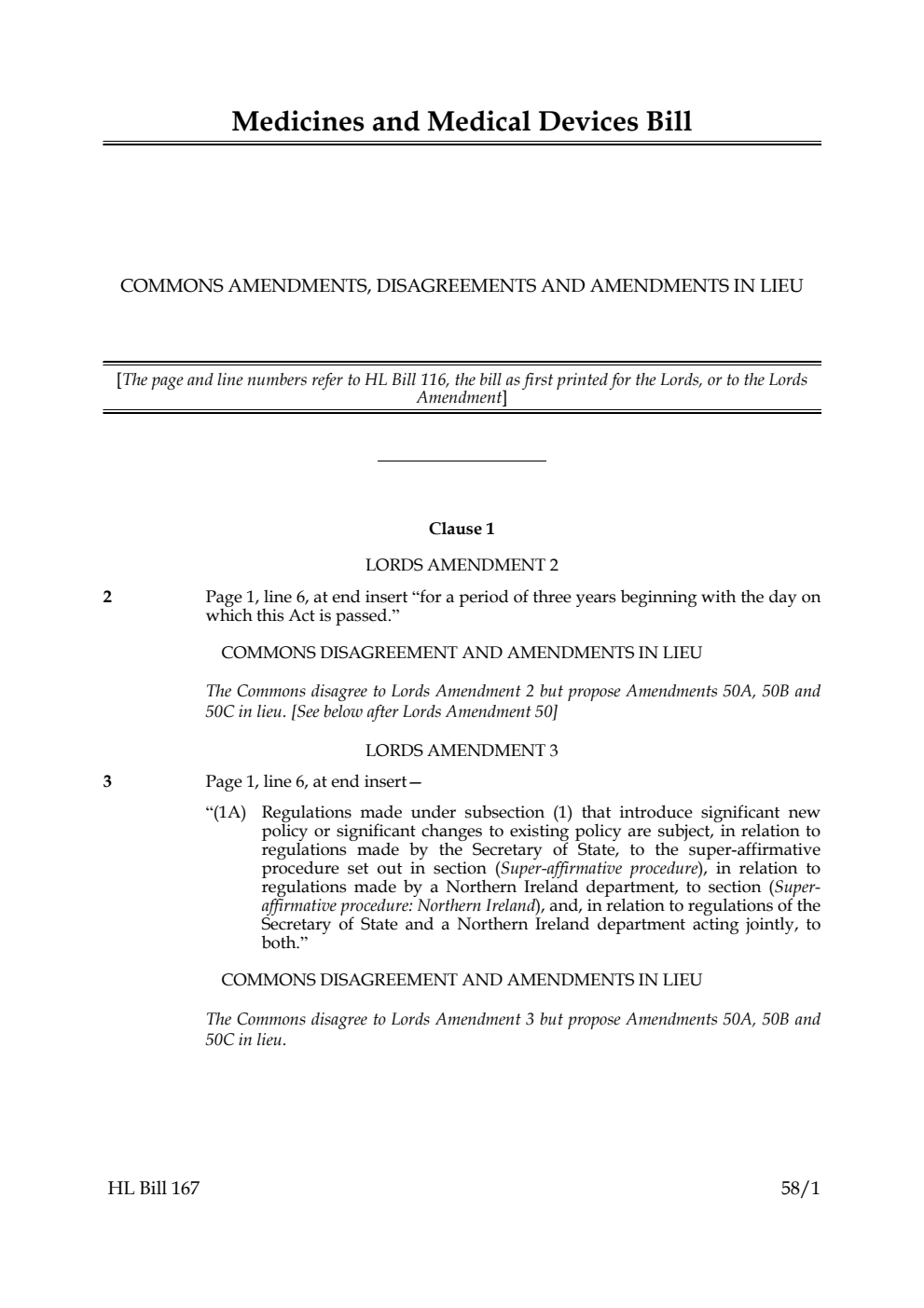 Medicines and Medical Devices Bill Commons amendments, disagreements and amendments in lieu
