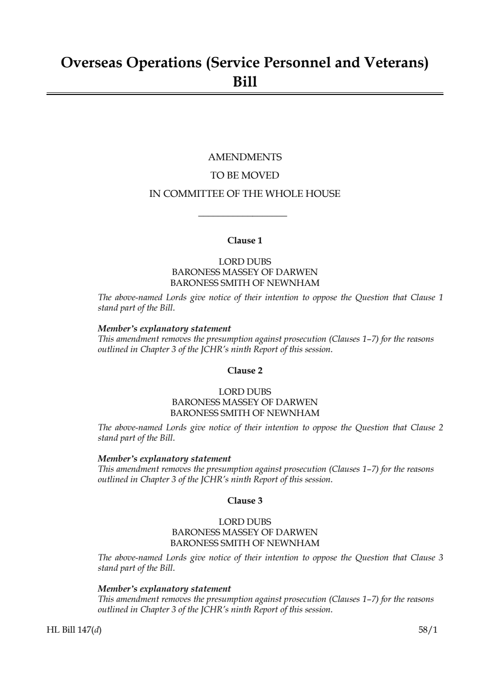 Overseas Operations (Service Personnel and Veterans) Bill Amendments to be moved in Committee of the Whole House