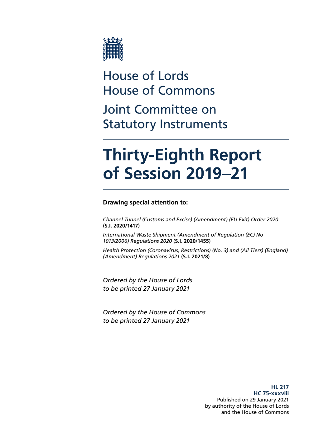 Joint Committee on Statutory Instruments 38th Report of Session 2019-21