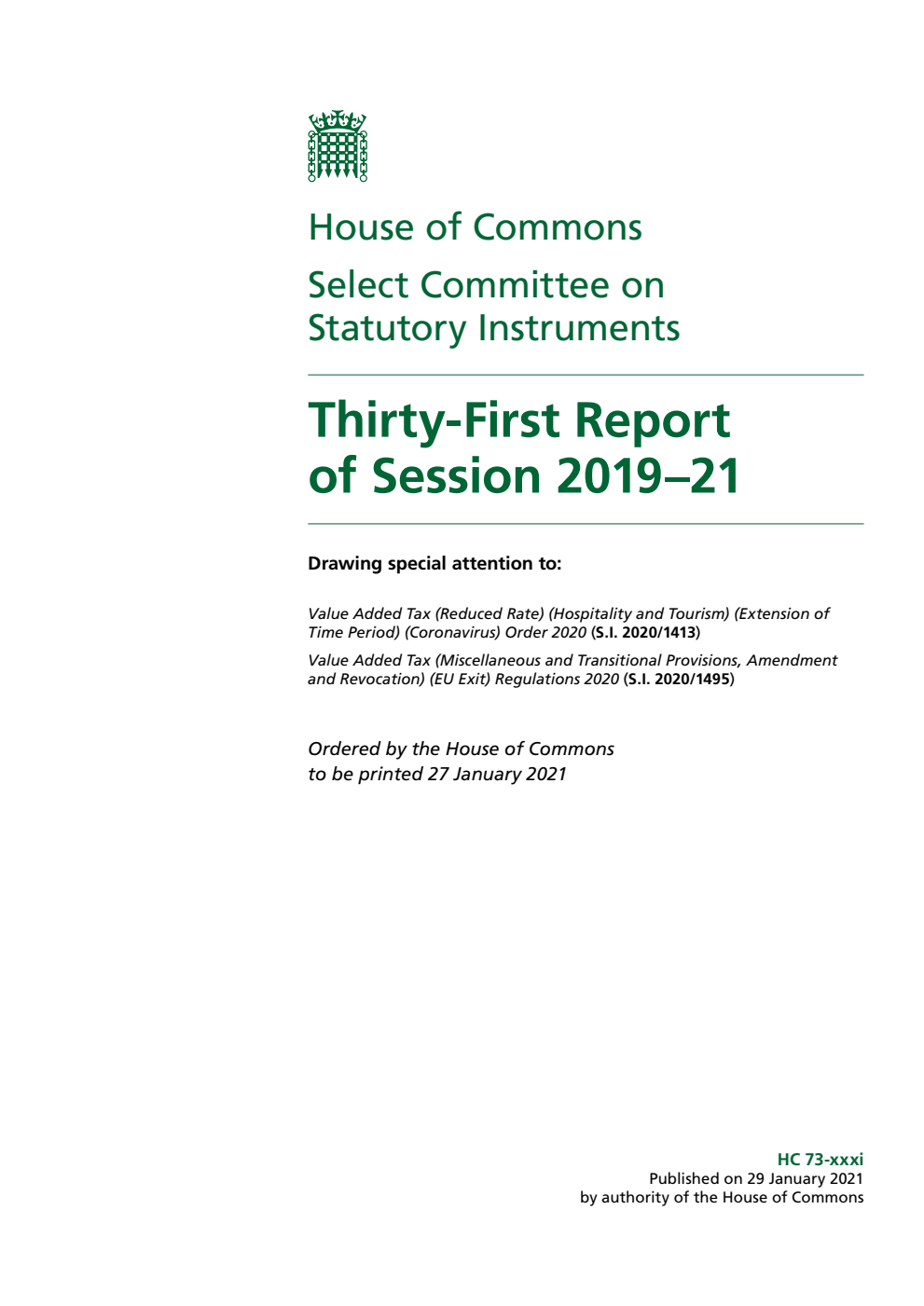 Statutory Instruments Committee 31st Report of Session 2019–21