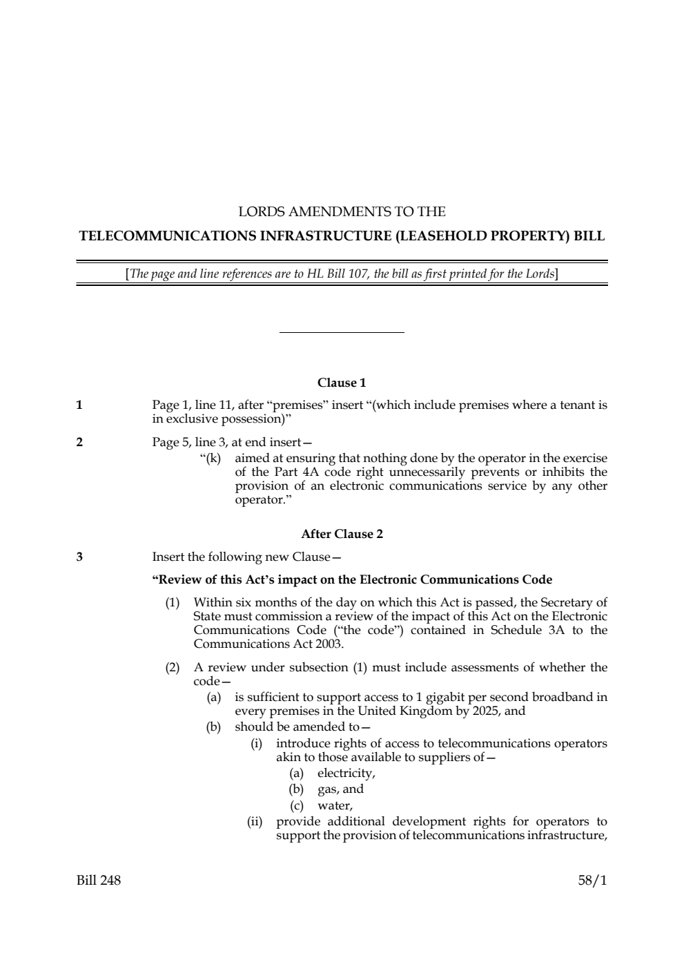 Lords Amendments to the Telecommunications Infrastructure (Leasehold Property) Bill