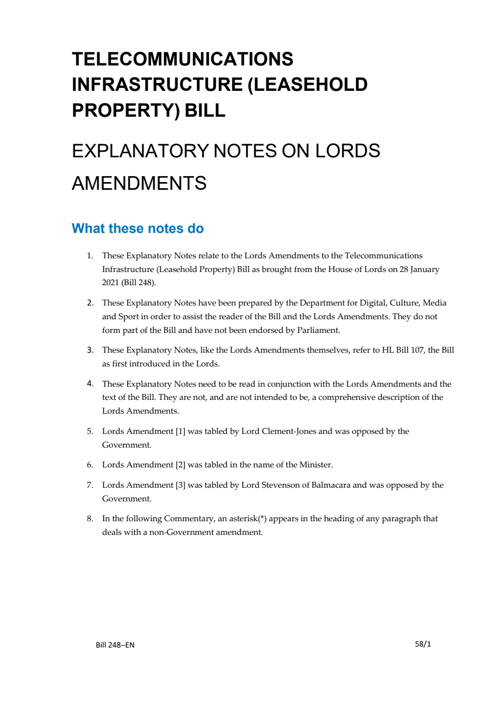 Telecommunications Infrastructure (Leasehold Property) Bill Explanatory Notes on Lords Amendments