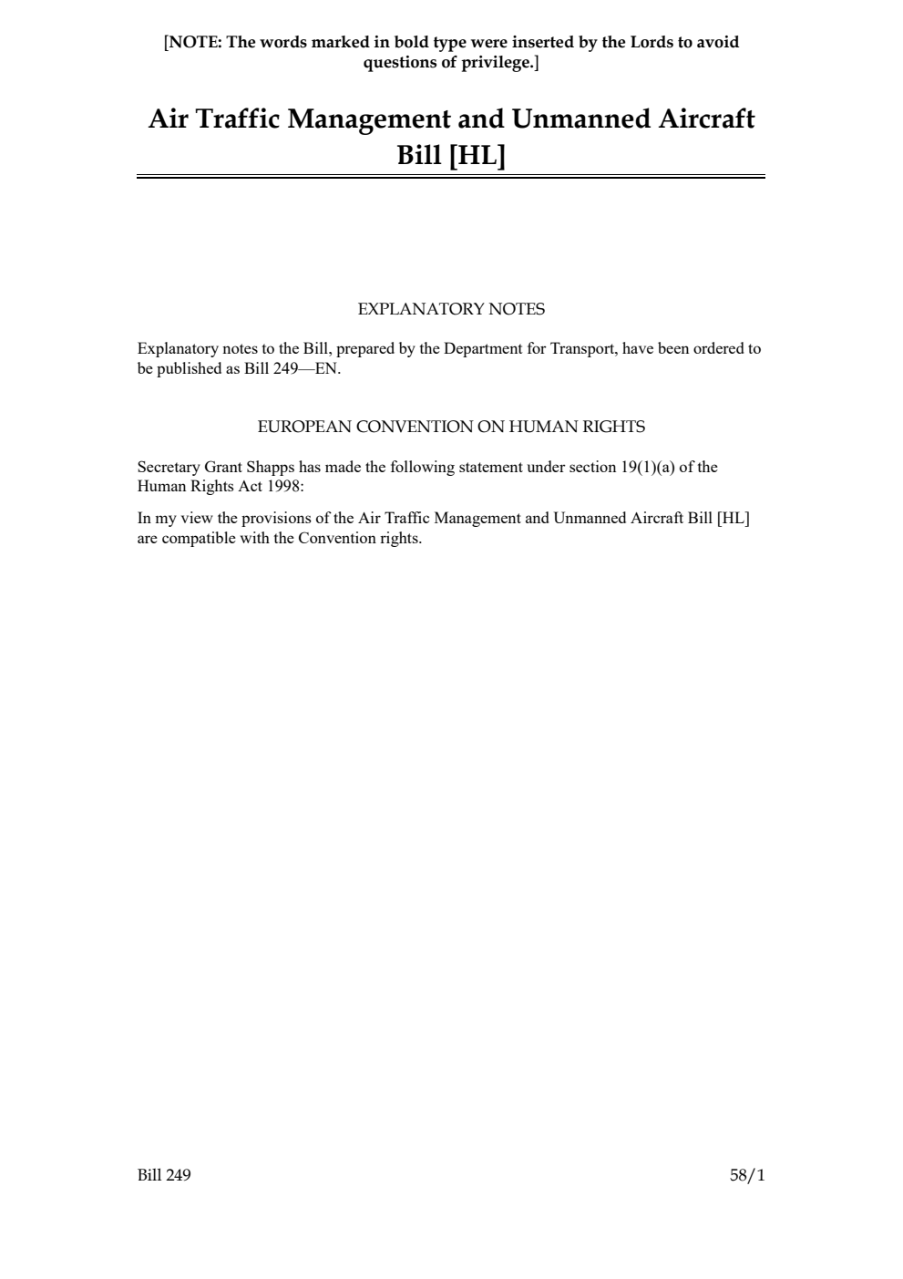 Air Traffic Management and Unmanned Aircraft Bill