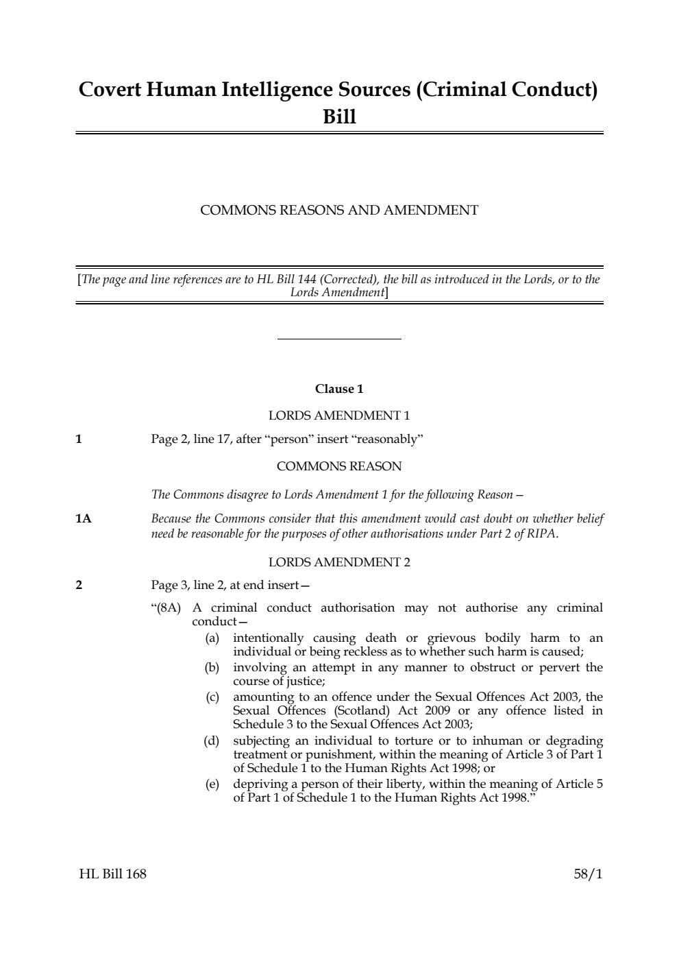 Covert Human Intelligence Sources (Criminal Conduct) Bill Commons reasons and amendment