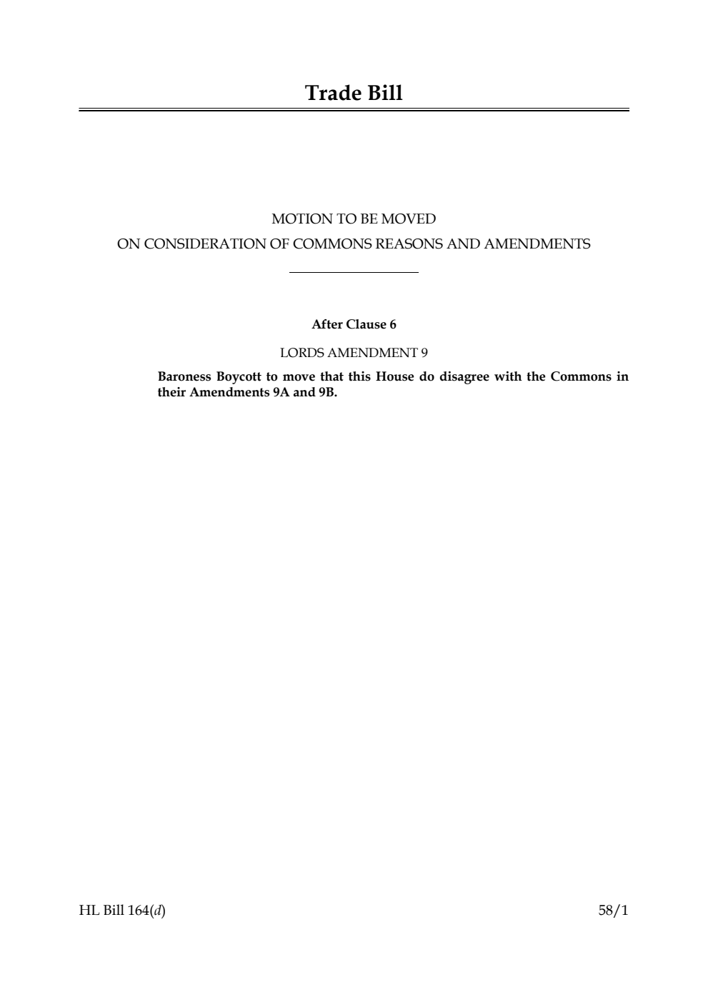 Trade Bill Motion to be moved on Consideration of Commons reasons and amendments