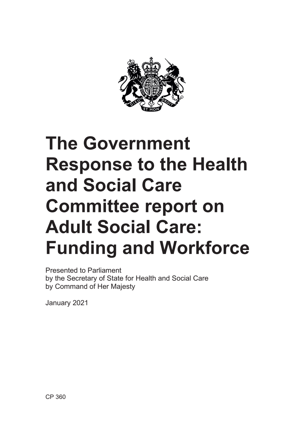The Government Response to the Health and Social Care Committee report on Adult Social Care: Funding and Workforce