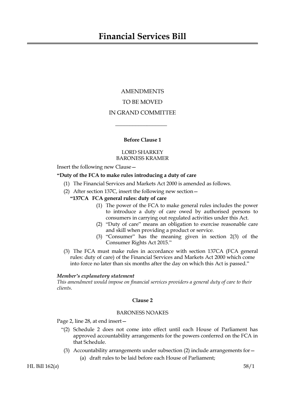 Financial Services Bill Amendments to be moved in Grand Committee